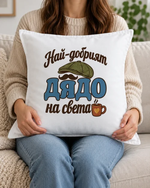 Бяла възглавница с надпис най-добрият дядо на света в спокойни тонове
