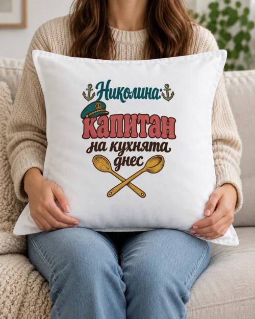 Бяла възглавница с капитанска шапка и надпис капитан на кухнята за Никулден Бяла възглавница с капитанска шапка и надпис капитан на кухнята за Никулден