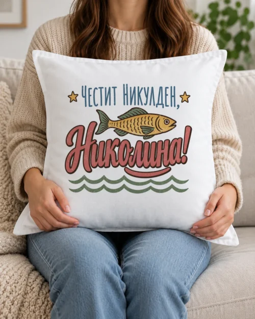 Бяла възглавница с ръкописно име, жълта рибка, вълни и звездички Бяла възглавница с ръкописно име, жълта рибка, вълни и звездички