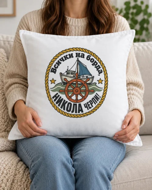 Бяла възглавница с морска емблема, щурвал, лодка и надпис с име за Никулден