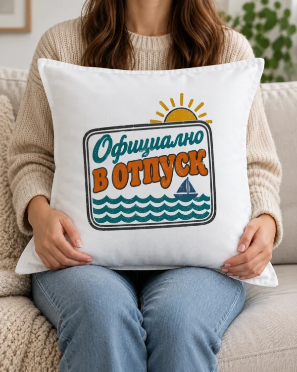 Бяла възглавница с печат, слънце, вълни, лодка и надпис Официално в отпуск Бяла възглавница с печат, слънце, вълни, лодка и надпис Официално в отпуск
