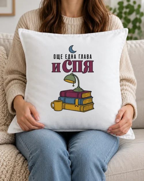 Бяла възглавница с купчина книги, настолна лампа, чаша, луна и надпис