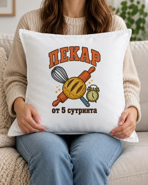 Бяла възглавница с хляб, точилка, тел за разбиване, будилник и надпис за пекар Бяла възглавница с хляб, точилка, тел за разбиване, будилник и надпис за пекар