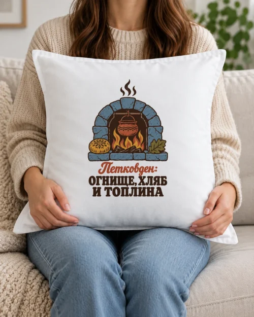 Бяла възглавница с каменно огнище, котле, хляб и надпис за Петковден