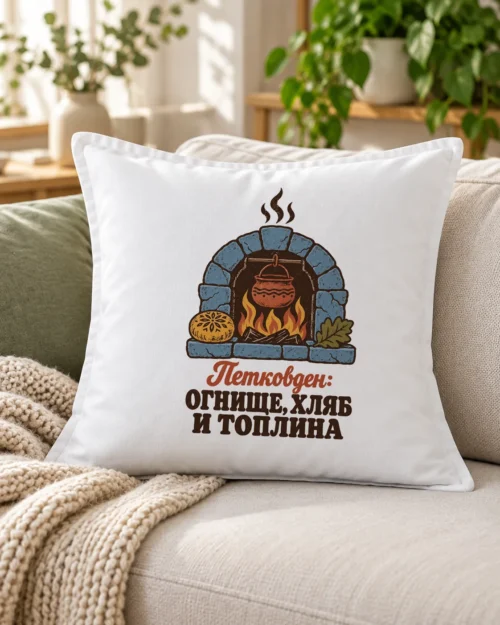 Бяла възглавница с каменно огнище, котле, хляб и надпис за Петковден – на дивана