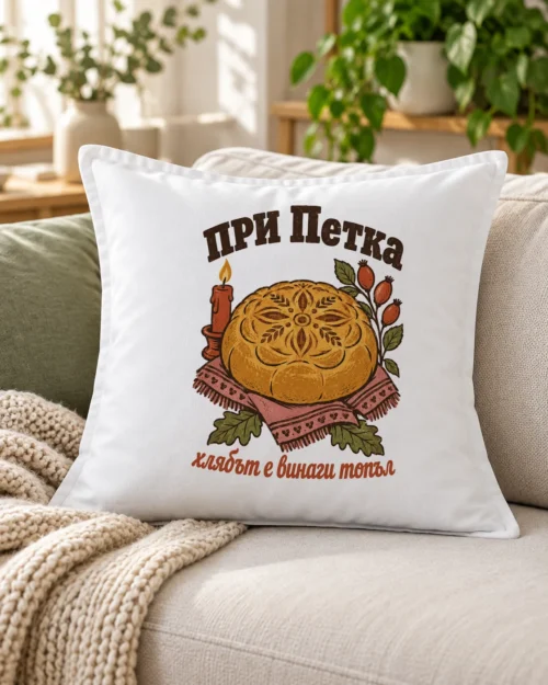 Бяла възглавница с обредна пита, запалена свещ, шипки и надпис с име – на дивана