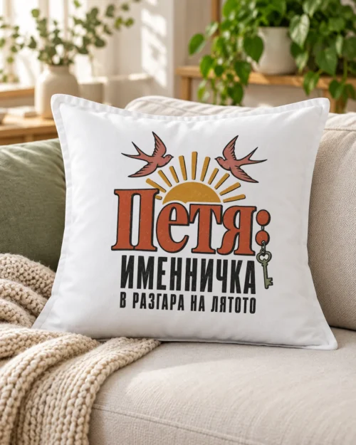 Бяла възглавница с надпис именничка в разгара на лятото и име – на дивана