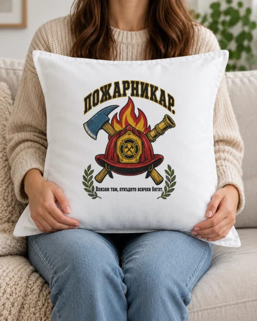 Бяла възглавница с пожарникарска каска, брадва, пламъци и надпис Пожарникар