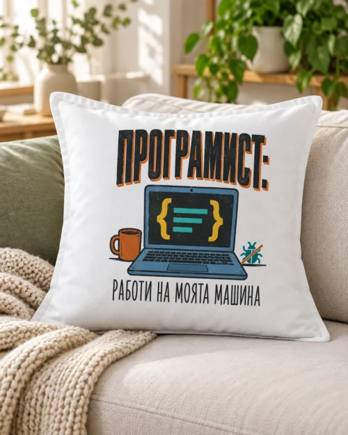 Бяла възглавница с лаптоп, чаша кафе, зачеркнат бъг и надпис за програмист – на дивана