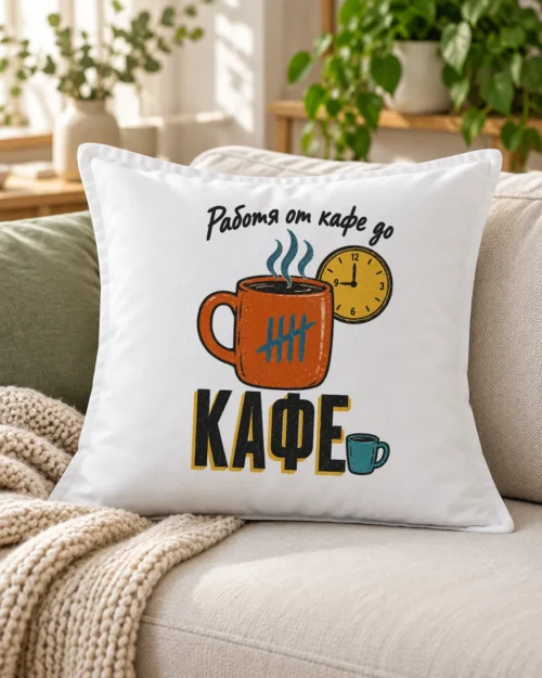 Бяла възглавница с голяма чаша кафе, часовник и надпис Работя от кафе до кафе – на дивана