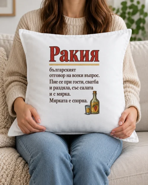 Бяла възглавница с речникова статия за ракия и шишенце с чашка