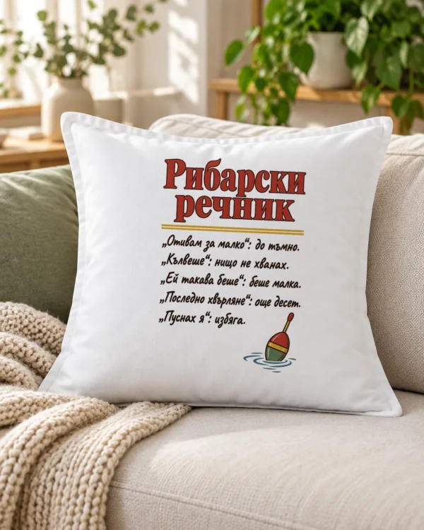 Бяла възглавница с рибарски речник и малка плувка – на дивана Бяла възглавница с рибарски речник и малка плувка – на дивана