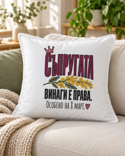 Бяла възглавница с клонка мимоза, малка корона и надпис за съпругата – на дивана