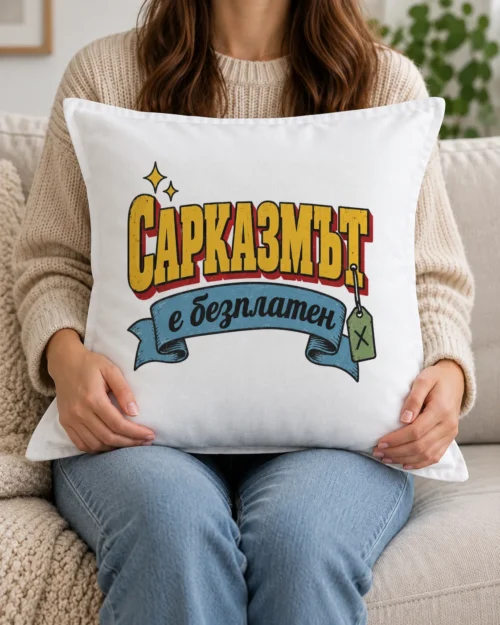 Бяла възглавница с жълт надпис Сарказмът е безплатен, синя лента и зелен етикет Бяла възглавница с жълт надпис Сарказмът е безплатен, синя лента и зелен етикет