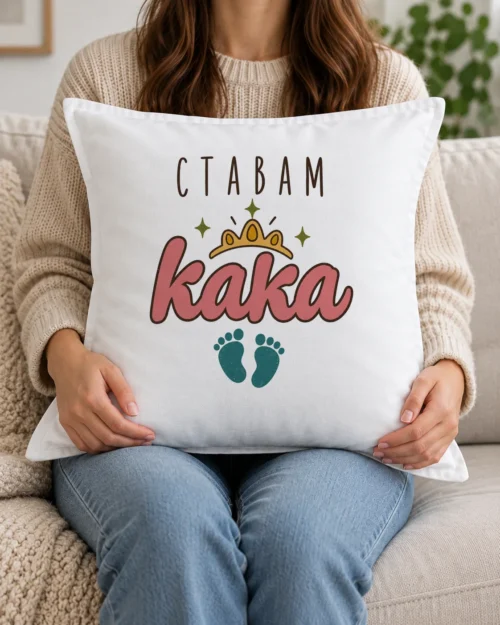 Бяла възглавница с розов ръкописен надпис ставам кака, корона и бебешки стъпки