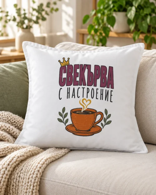 Бяла възглавница с чаша кафе, пара сърце, корона и надпис свекърва с настроение – на дивана