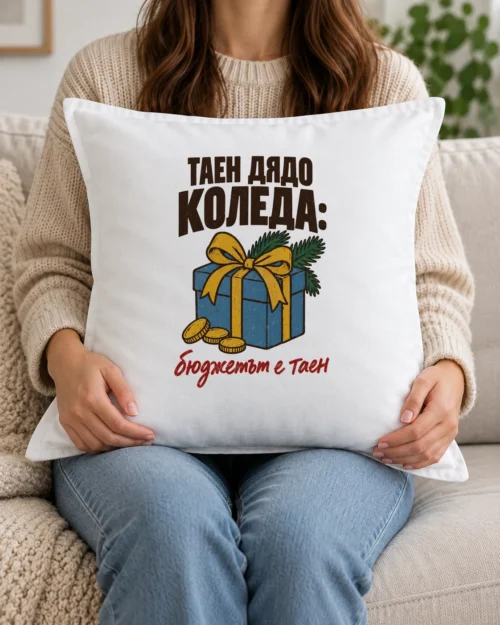 Бяла възглавница с подаръчна кутия, панделка, монети и надпис за Таен Дядо Коледа Бяла възглавница с подаръчна кутия, панделка, монети и надпис за Таен Дядо Коледа