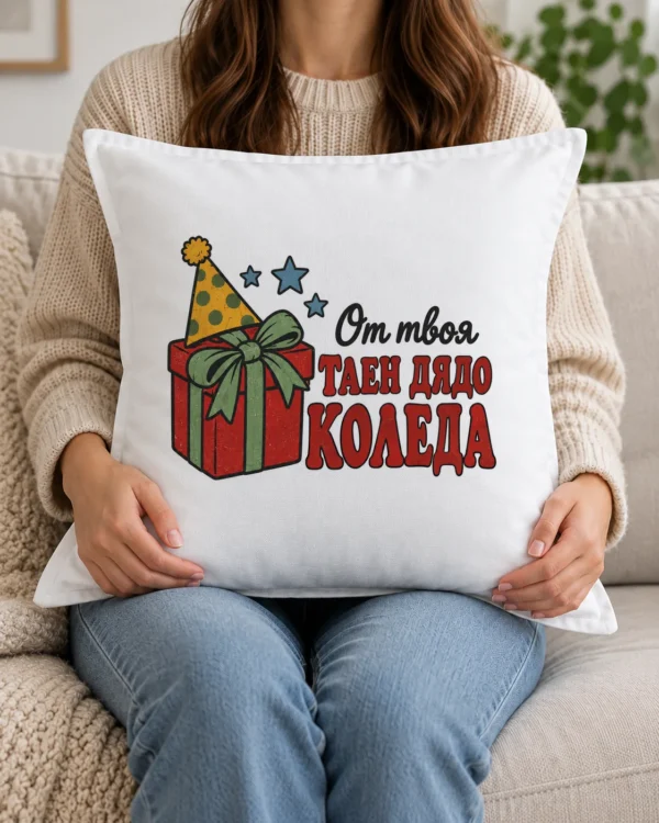 Бяла възглавница с червен подарък, парти шапка и надпис Таен Дядо Коледа Бяла възглавница с червен подарък, парти шапка и надпис Таен Дядо Коледа