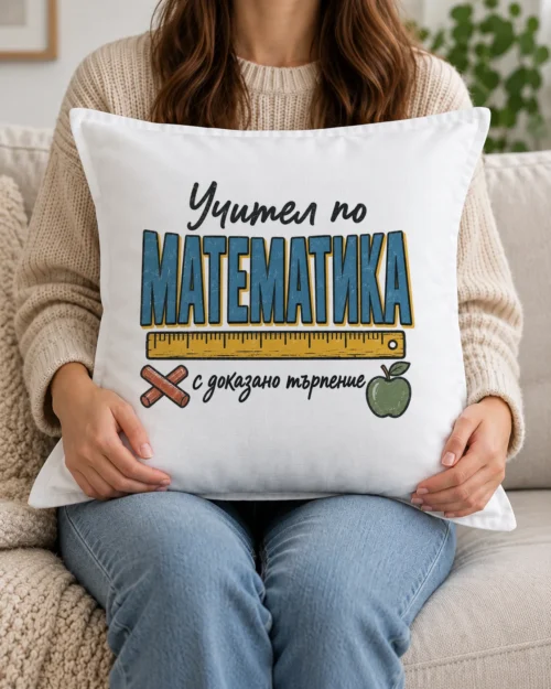 Бяла възглавница с линия, тебешири, зелена ябълка и надпис за учител по математика Бяла възглавница с линия, тебешири, зелена ябълка и надпис за учител по математика