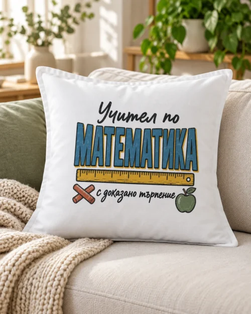 Бяла възглавница с линия, тебешири, зелена ябълка и надпис за учител по математика – на дивана