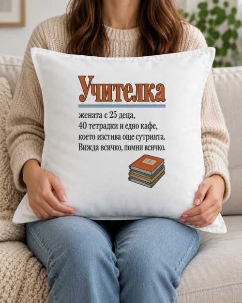 Бяла възглавница с речникова статия за учителка и купчина тетрадки Бяла възглавница с речникова статия за учителка и купчина тетрадки