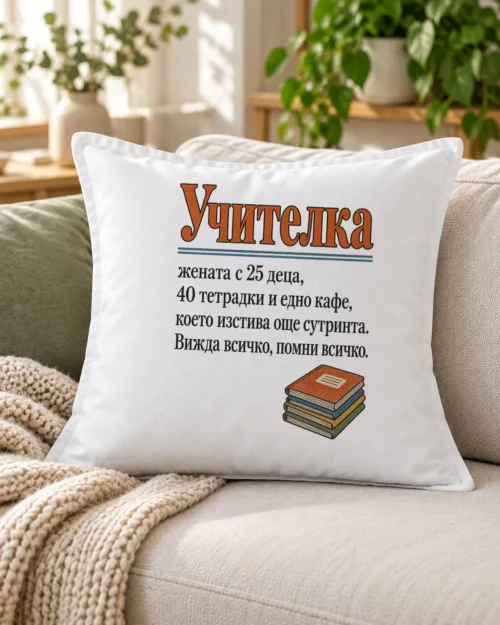 Бяла възглавница с речникова статия за учителка и купчина тетрадки – на дивана