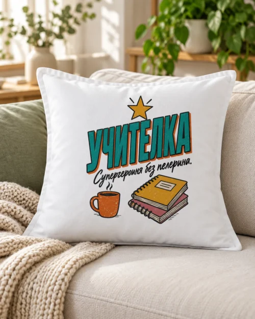 Бяла възглавница с чаша кафе, тетрадки, звезда и надпис Учителка супергероиня – на дивана