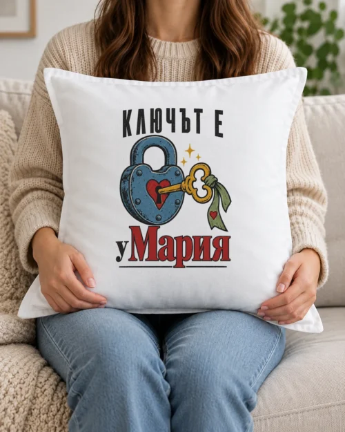 Бяла възглавница с червен катинар сърце, ключ и име на любимата Бяла възглавница с червен катинар сърце, ключ и име на любимата