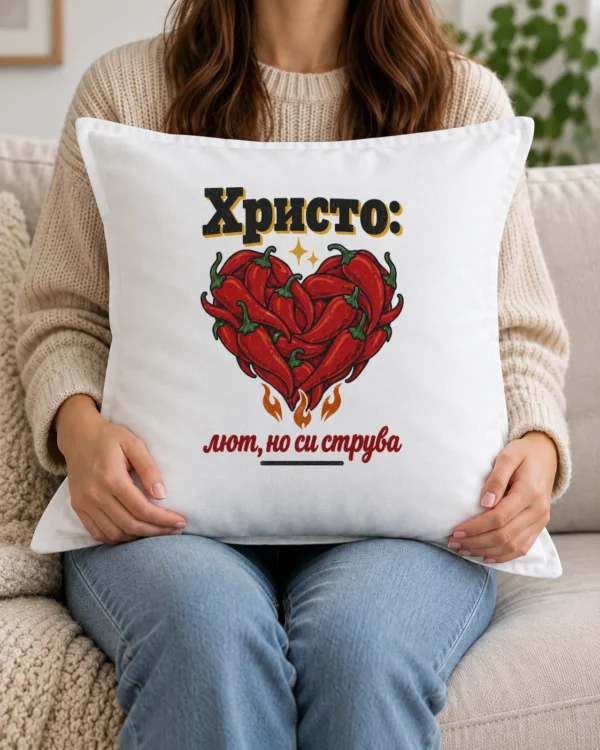 Бяла възглавница със сърце от червени люти чушки и надпис с име Бяла възглавница със сърце от червени люти чушки и надпис с име