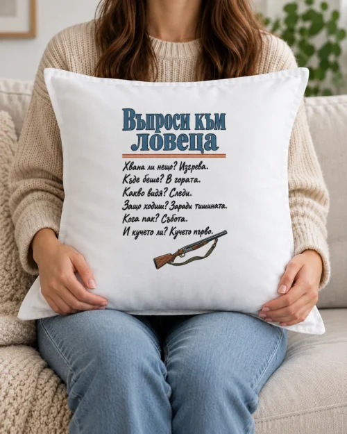 Бяла възглавница с въпроси към ловеца и малък ловен рог