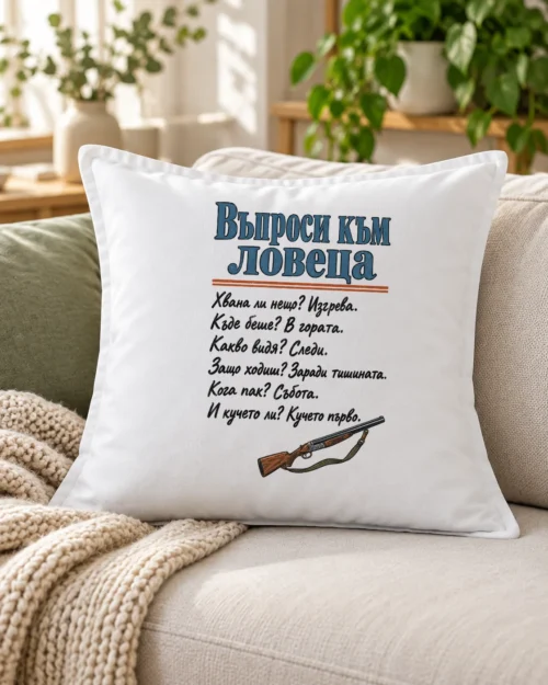 Бяла възглавница с въпроси към ловеца и малък ловен рог – на дивана