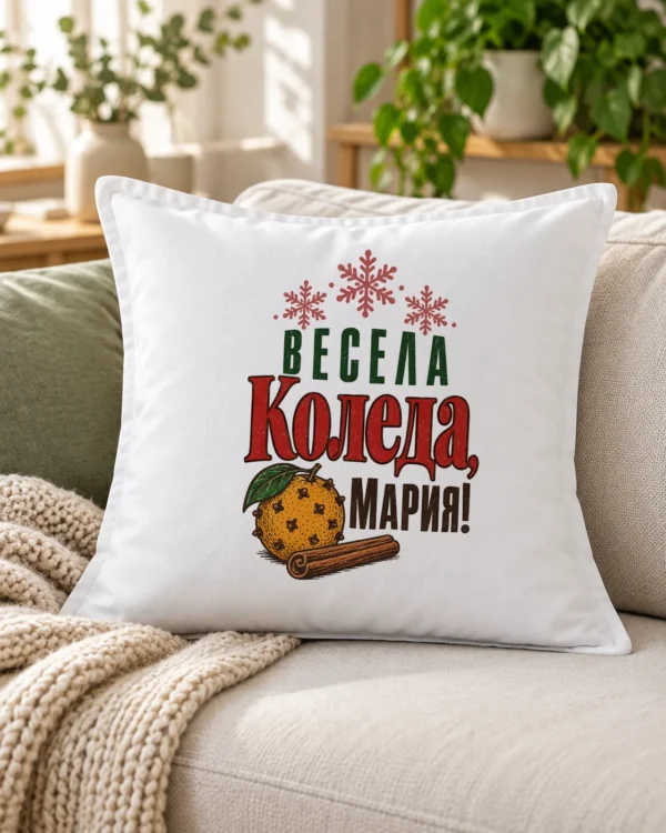 Бяла възглавница с портокал, канела, снежинки и надпис Весела Коледа с име – на дивана Бяла възглавница с портокал, канела, снежинки и надпис Весела Коледа с име – на дивана