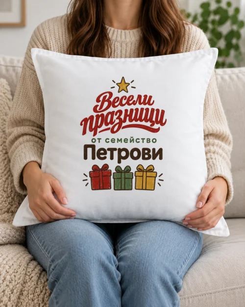 Бяла възглавница с празничен надпис с фамилия, подаръчни кутии и звезда Бяла възглавница с празничен надпис с фамилия, подаръчни кутии и звезда