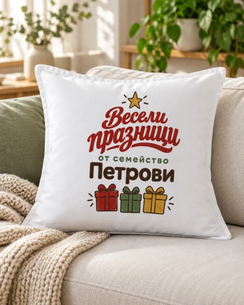 Бяла възглавница с празничен надпис с фамилия, подаръчни кутии и звезда – на дивана