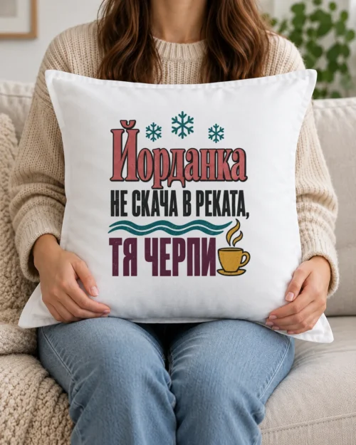 Бяла възглавница с шеговит надпис за Йордановден и име на именничката Бяла възглавница с шеговит надпис за Йордановден и име на именничката