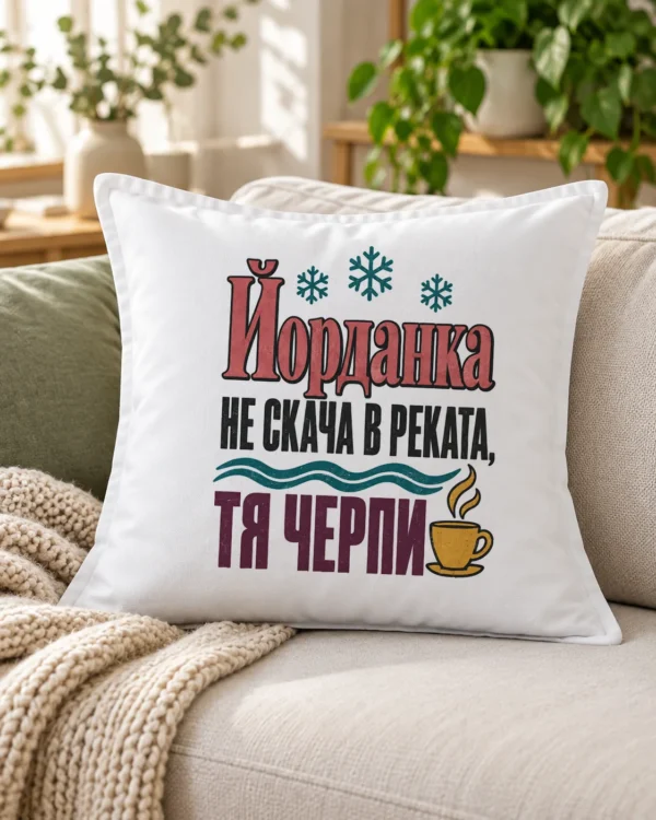 Бяла възглавница с шеговит надпис за Йордановден и име на именничката – на дивана Бяла възглавница с шеговит надпис за Йордановден и име на именничката – на дивана