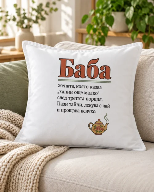 Бяла възглавница с речникова статия за баба и чайниче с пара – на дивана