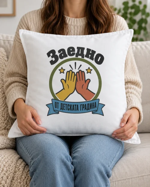 Бяла възглавница с две ръце, които си дават пет, звезди и надпис