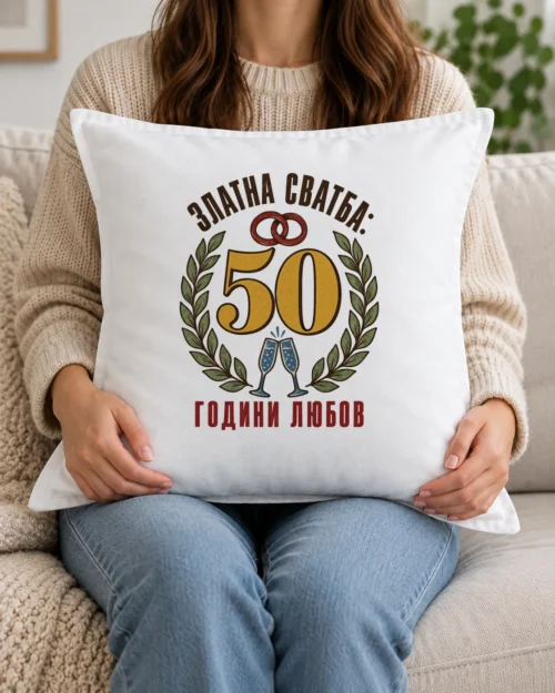 Бяла възглавница със златни брачни халки и надпис за 50 години любов Бяла възглавница със златни брачни халки и надпис за 50 години любов