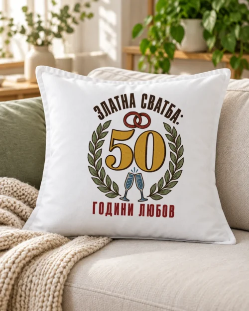 Бяла възглавница със златни брачни халки и надпис за 50 години любов – на дивана