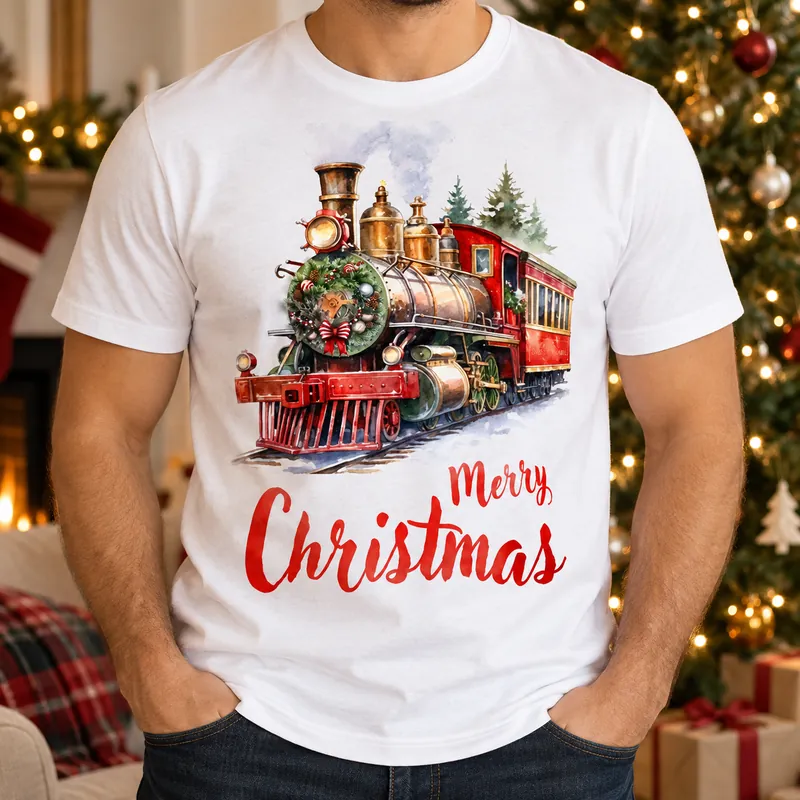Коледна тениска с червен парен локомотив и надпис Merry Christmas