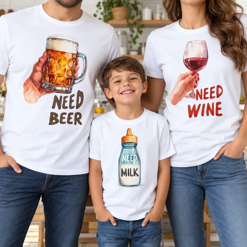 Семейни тениски Need Beer, Need Wine и Need Milk за татко, мама и дете