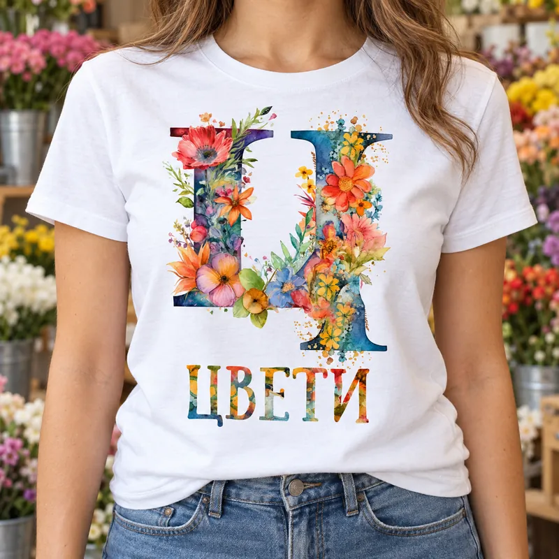 Тениска по поръчка с буква Ц от цветя и име Цвети