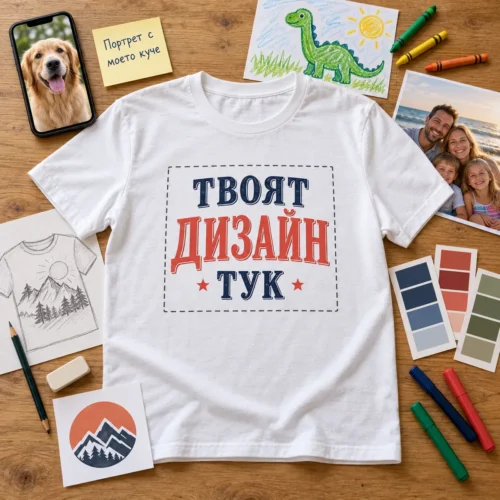 Бяла тениска с надпис „Твоят дизайн тук“ сред снимка на куче, детска рисунка и скици Бяла тениска с надпис „Твоят дизайн тук“ сред снимка на куче, детска рисунка и скици