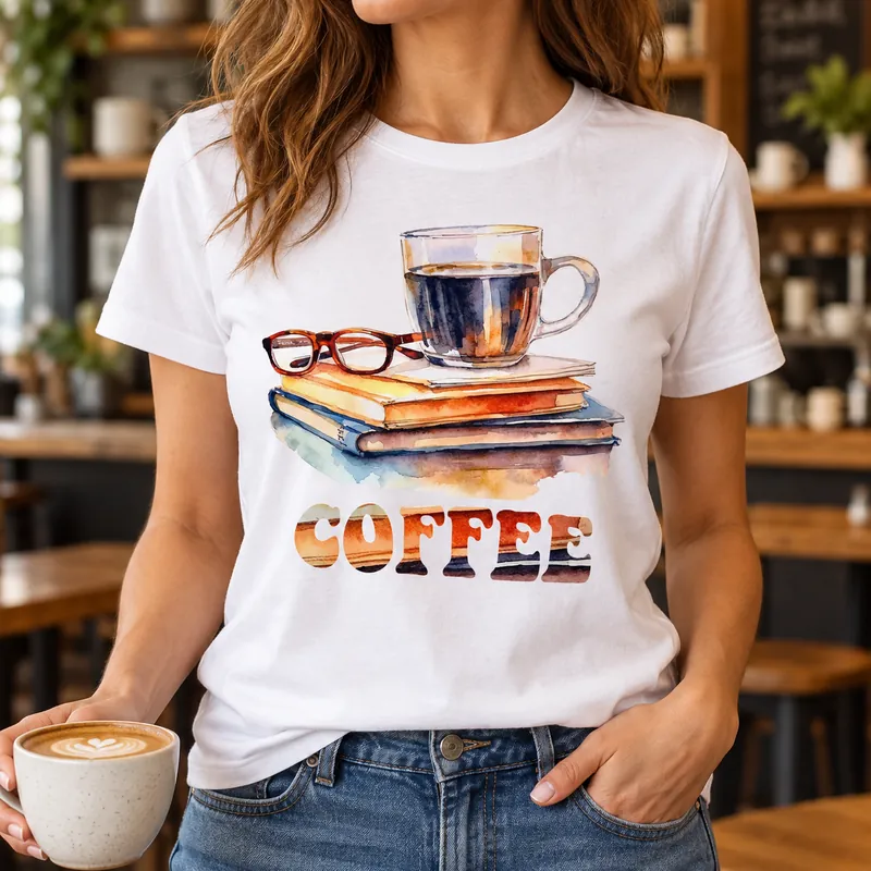 Тениска с чаша кафе върху книги и надпис Coffee