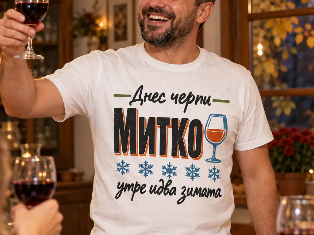 Мъж вдига наздравица с бяла тениска за Димитровден с надпис Днес черпи Митко
