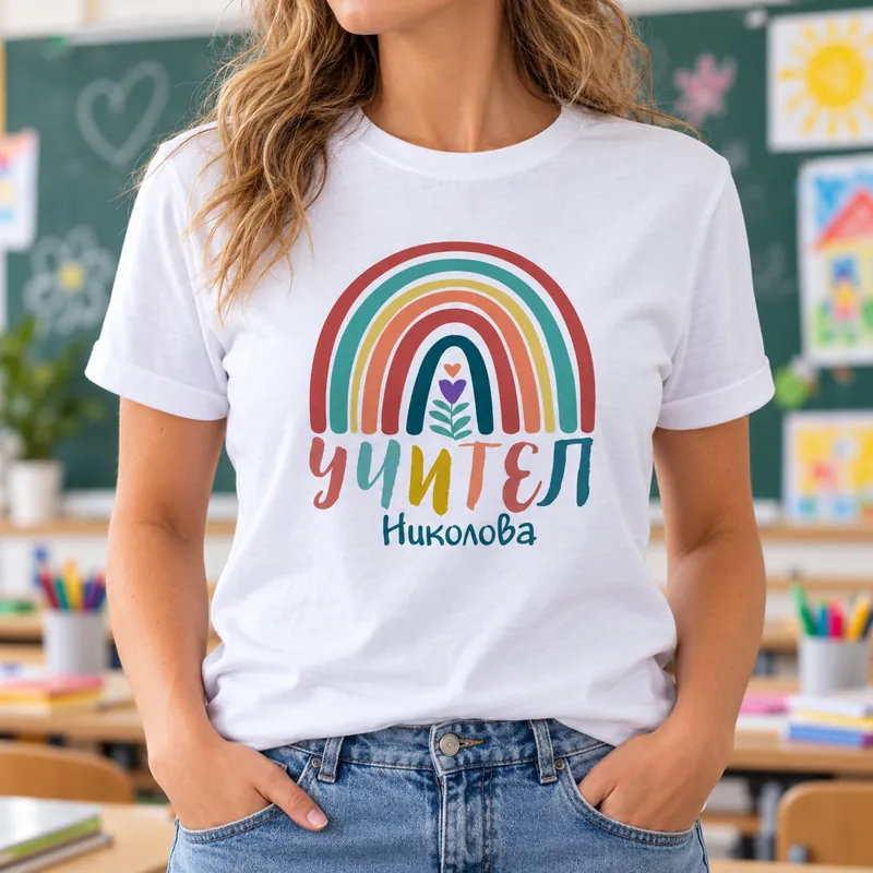 Учителка с тениска с дъга и надпис Учител в класна стая